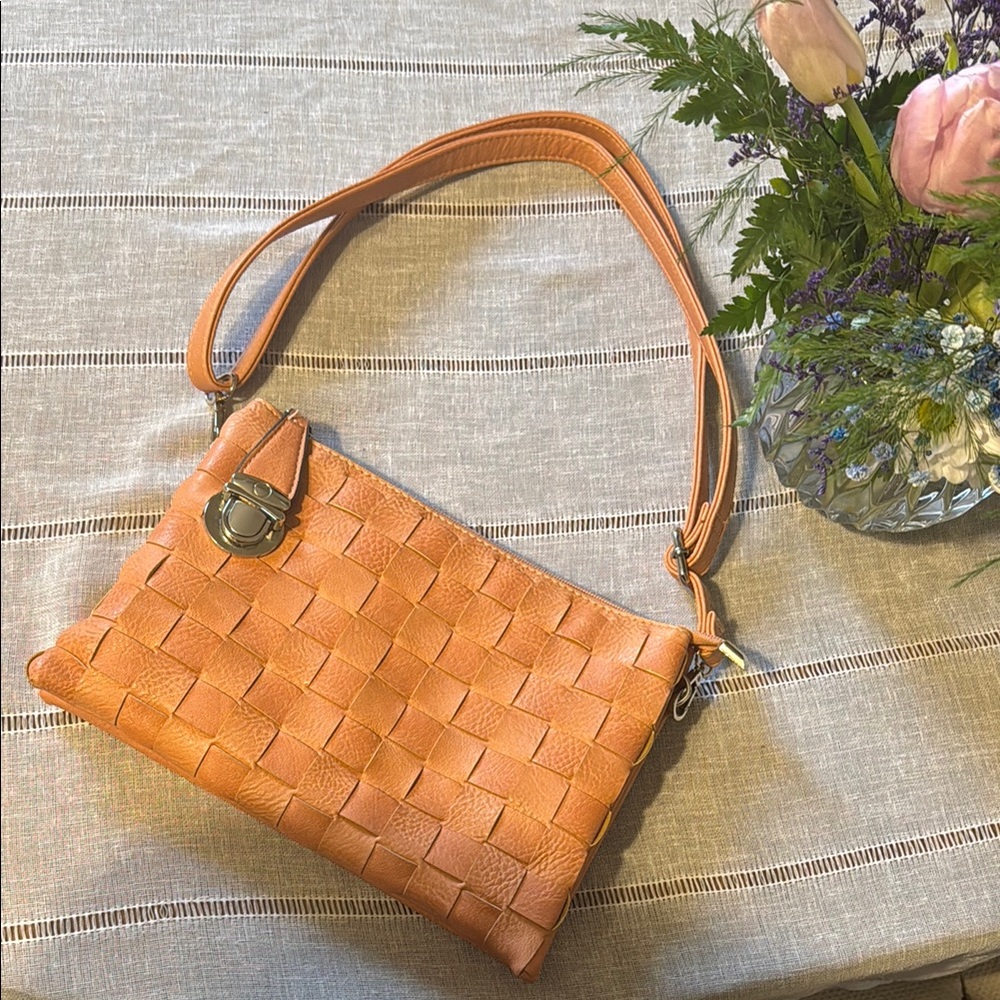 Tan Shoulder Bag with basketweave, Textured Leather and adjustable Thin Strap